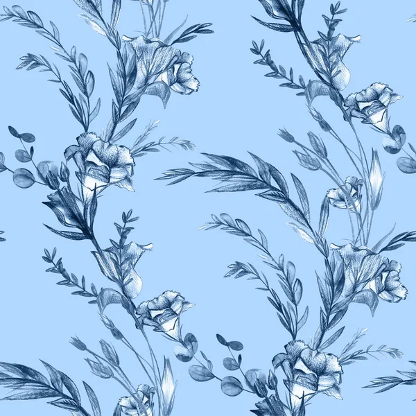 Monochromatyczny bezszwowy wzór w odcieniach niebieskich z pomalowanymi gałęziami eustoma — Zdjęcie stockowe