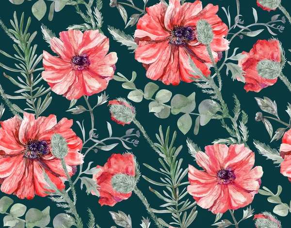 Απρόσκοπτη υδατογραφία μοτίβο με κόκκινα άνθη παπαρούνας και φύλλα ευκαλύπτου σε πράσινο φόντο — Φωτογραφία Αρχείου