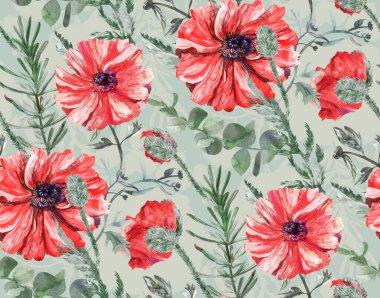 Yeşil arka planda kırmızı haşhaş ve botanik siluetleri olan kusursuz botanik desenler.