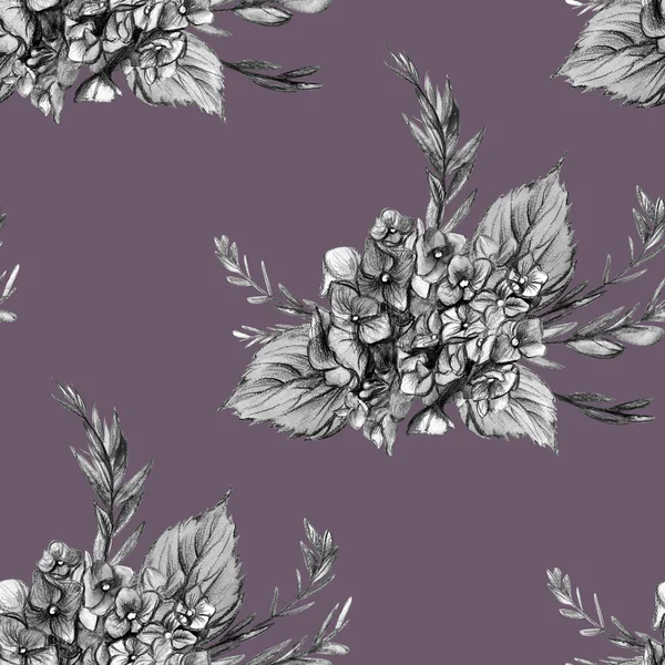 Απρόσκοπτη υφασμάτινη μαύρη και λευκή βοτανική μοτίβο με γραφικό σχέδιο λουλουδιών ορτανσίας — Φωτογραφία Αρχείου