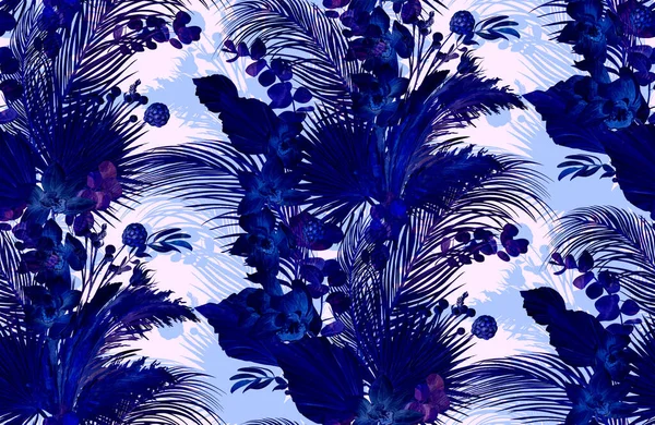 En blandning av mörka tropiska silhuetter i ett sömlöst textilmönster med tropiska blad — Stockfoto