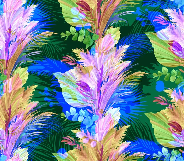 Seamless multicolored summer pattern with bright silhouettes of dry palm leaves — Stock Photo, Image