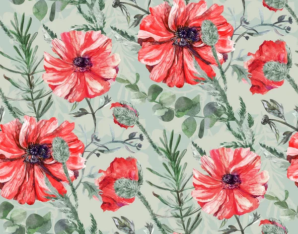 Seamless botanical pattern with red poppies and botanical silhouettes on a green background — Stock Photo, Image