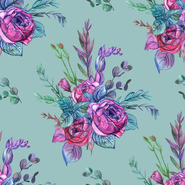 Vintage motif botanique sans couture avec motif graphique de roses sur fond turquoise — Photo