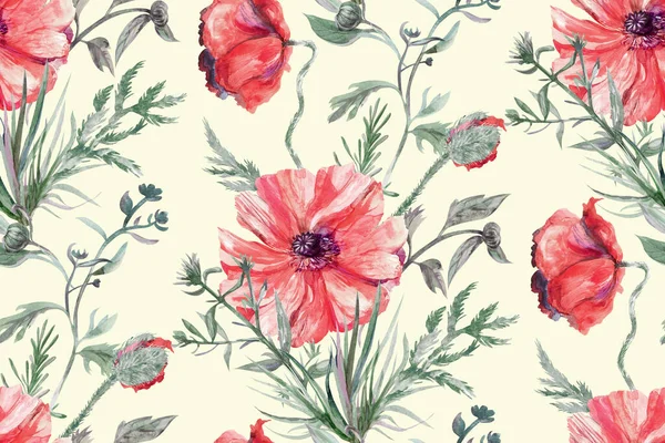 Sömlös akvarell mönster med röda vallmo blommor på en ljusgul bakgrund — Stockfoto