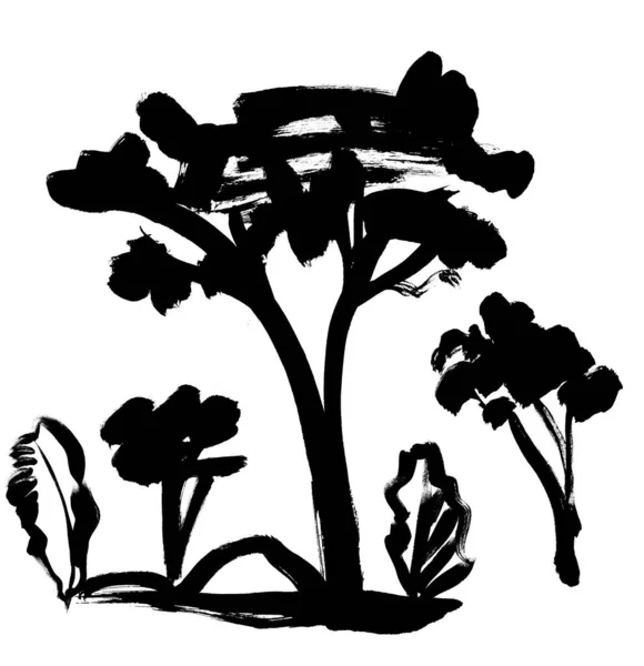 Czarno-biała sylwetka Afrykańskie drzewa malowane suchym gwasz szczotki do tropikalnego projektu — Zdjęcie stockowe