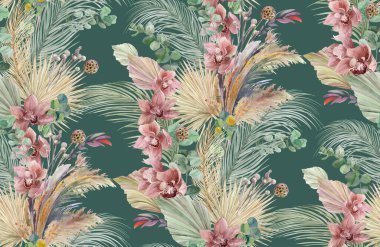 Kuru palmiye yaprakları ve orkide çiçekleriyle kusursuz desen.