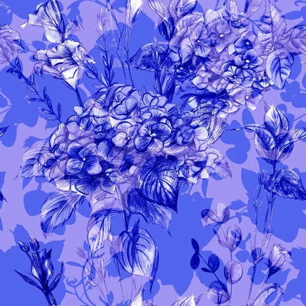 Patrón monocromo gráfico sin costuras en tonos modernos y estilo de patrón vintage con flores de hortensias —  Fotos de Stock