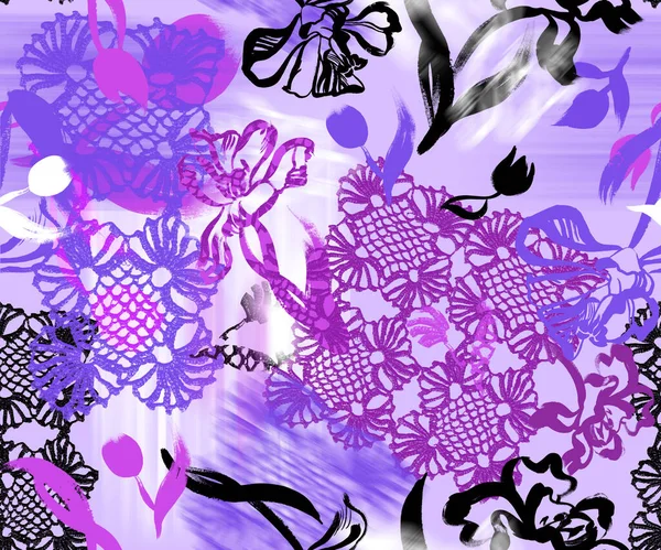 Seamless pattern with needlework knitted napkins in lilac shades