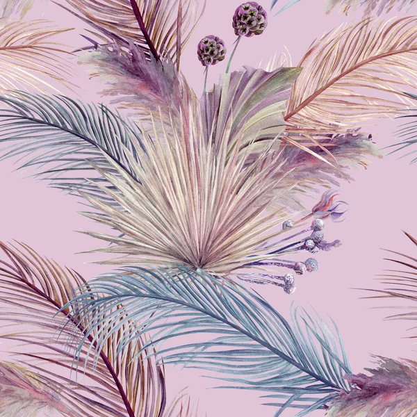 Aquarell nahtloses Muster mit trockenen Palmblättern auf rosa Hintergrund im Boho-Stil — Stockfoto