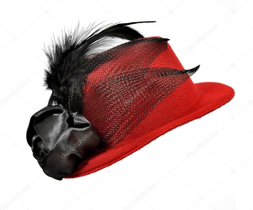 Vintage red  lady's hat with  black feathers 