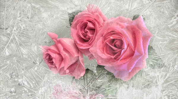 Pohled Krásné Růžové Květy Růže Kytice Přes Zamrzlé Sklo Okna — Stock fotografie
