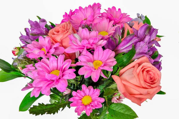 Profumo Tenero Rose Fiori Alstroemeria Crisantemi Con Foglie Rosa Magenta — Foto Stock