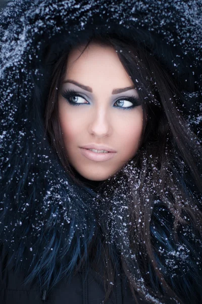 在白雪皑皑的毛茸茸罩的女人 图库图片