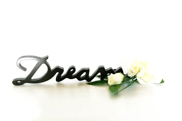 A szó álom. Közelkép a szó álom, egy rózsa, fehér alapon — Stock Fotó