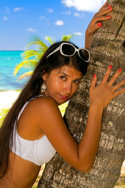 La hermosa joven sexy en bikini en una playa —  Fotos de Stock