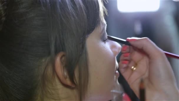 Maestro en el salón de belleza para aplicar maquillaje para el modelo de ojos — Vídeo de stock