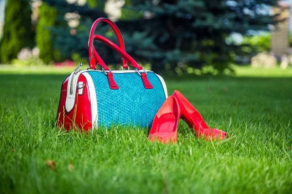 Shoes and women's handbag lay on the grass, women's shoes — Stock Photo, Image