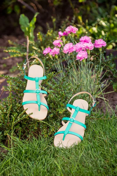 Groene sandalen liggen op het gras, comfortabele Damesschoenen — Stockfoto