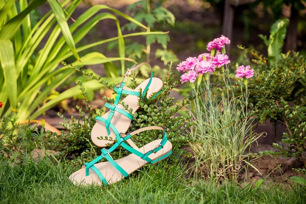 Grüne Sandalen liegen im Gras, bequeme Damenschuhe — Stockfoto