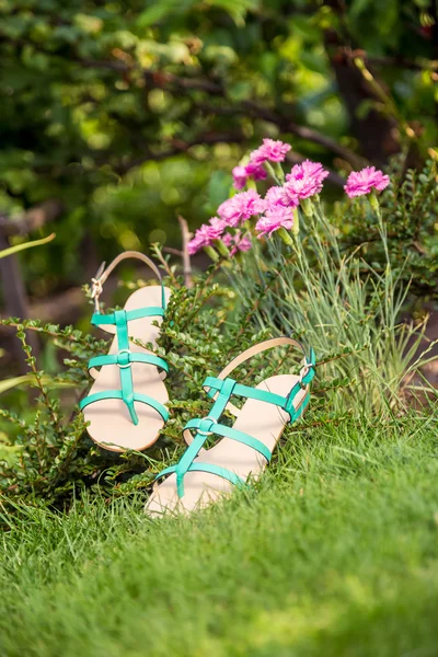 Groene sandalen liggen op het gras, comfortabele Damesschoenen — Stockfoto