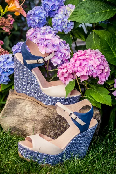 Zapatos italianos, sandalias elegantes en el jardín —  Fotos de Stock