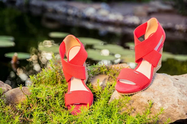 Sandálias de verão confortáveis na natureza — Fotografia de Stock