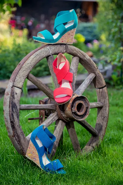 Helle Schuhe, Damensandalen, Schuhe im Garten — Stockfoto