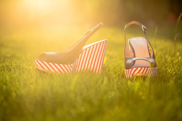 Damenschuhe, Sandalen in der Natur, blaue Sandalen — Stockfoto