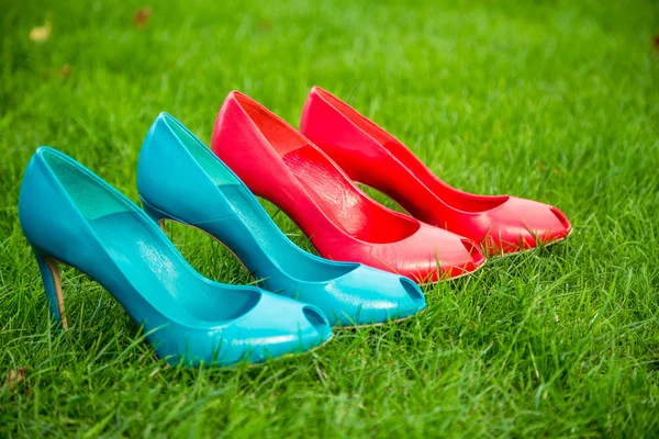 Women's shoes in a row standing position on the grass — Stock Photo, Image