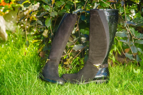 Botas de gamuza mujeres yacen en la hierba — Foto de Stock