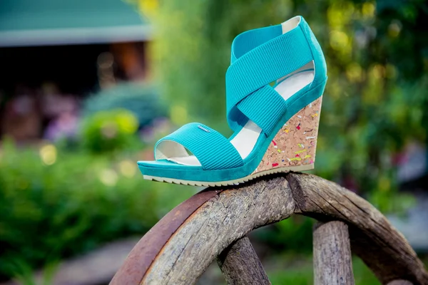 Světlé boty, dámské sandály, obuv v zahradě — Stock fotografie