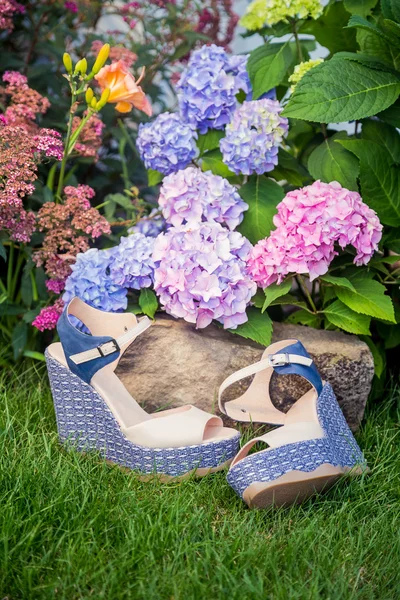 Beige Sandalen mit blauen Sohlen liegen im Gras — Stockfoto