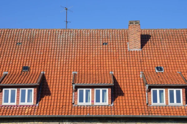 Three Dormer Windows Tides House Tiled Roof Antenna Chimney Background — Stock Photo, Image