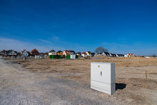 Distribución Caja Eléctrica Color Blanco Sitio Construcción Fondo Hay Edificios —  Fotos de Stock