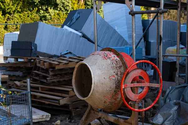 Old Shabby Concrete Mixer Construction Site Bales Building Materials Lie — Stock Photo, Image