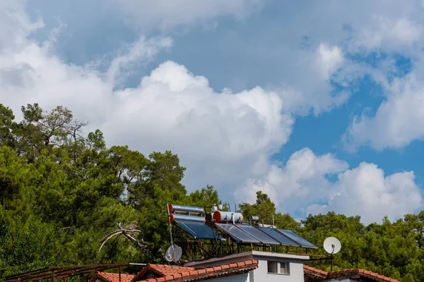 Solar Heating Radiator Satellit Dish Roof Tiled House Cloudy Sky — Stock Photo, Image