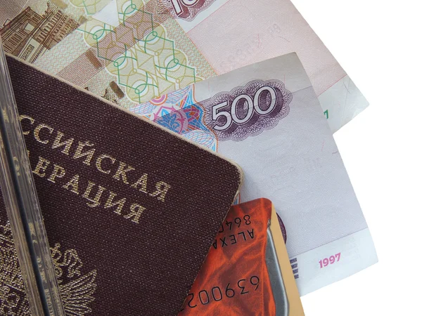 Collage Russian passport, money, credit card — Stock Photo, Image