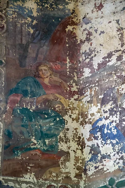 放棄された教会の壁にフレスコ画 手紙川のポクロフスカヤ教会 コストロマ州 ロシア 建設年は1792年である 現在は廃寺となっている — ストック写真