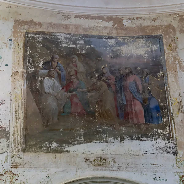 Pintura Das Paredes Uma Igreja Ortodoxa Abandonada Igreja Aldeia Pavlovskoye — Fotografia de Stock
