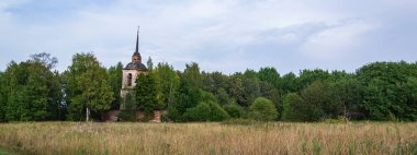 Ormanda terk edilmiş Ortodoks kilisesi, manzara, Novografskoye köyü kilisesi, Kostroma bölgesi, Rusya, 1830 'da inşa edilmiş.