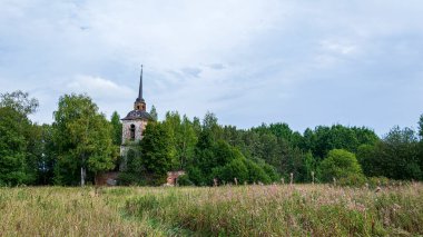 Ormanda terk edilmiş Ortodoks kilisesi, manzara, Novografskoye köyü kilisesi, Kostroma bölgesi, Rusya, 1830 'da inşa edilmiş.