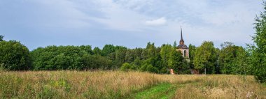 Ormanda terk edilmiş Ortodoks kilisesi, manzara, Novografskoye köyü kilisesi, Kostroma bölgesi, Rusya, 1830 'da inşa edilmiş.