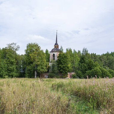 Ormandaki terk edilmiş eski Ortodoks Kilisesi, Novografskoye Köyü Kilisesi, Kostroma Bölgesi, Rusya, 1830 'da inşa edildi.