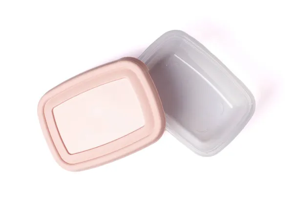 Відкритий Пластиковий Контейнер Зберігання Продуктів Харчування Рожевою Кришкою Ізольовано Білому — стокове фото