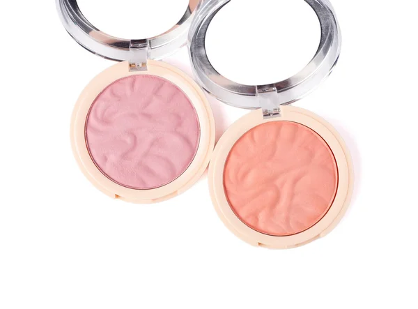 两个裸露的粉色和桃色的眼影隔离在白色的背景上 高打火机和眼罩 化妆产品 靠近点顶部视图 — 图库照片