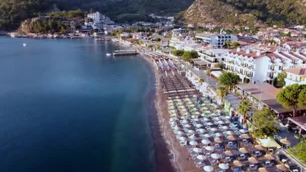 Drone View Seaside Pier Beach Resort Village Turunc Turkey Touristic — Vídeo de Stock