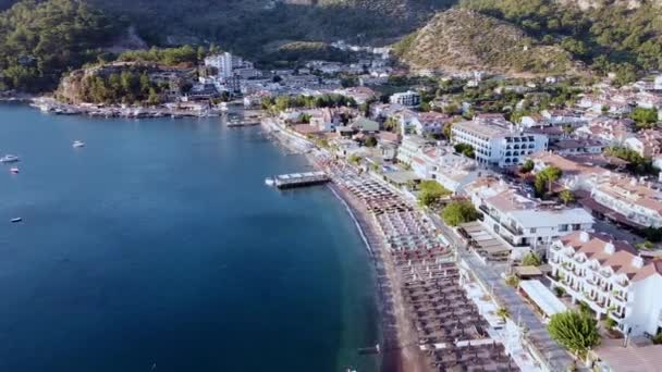 Drone View Seaside Pier Beach Resort Village Turunc Turkey Touristic — Video Stock