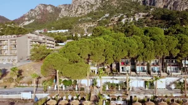 Aerial View Tourist Resort Embankment Hotel Green Trees Seaside Small — Αρχείο Βίντεο