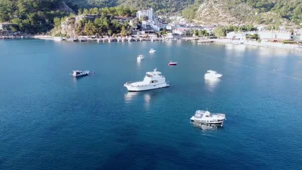 Aerial Video Movement White Moored Boats Yacht Sea Bay Drone — Stock Video